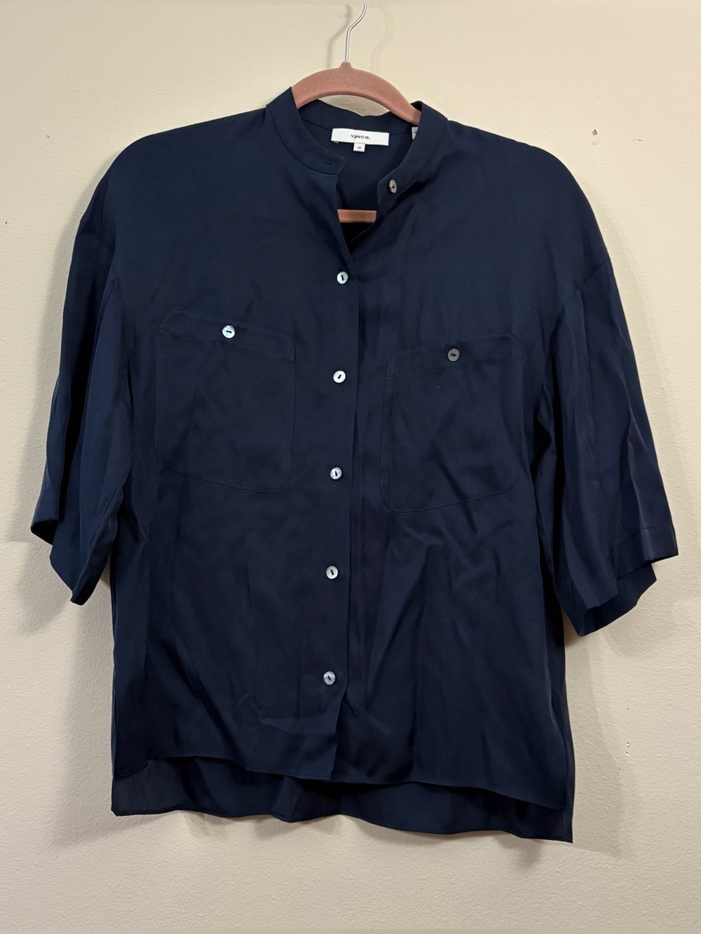 Vince Navy Button Down Silk blend Blouse Short Sleeve XS boxy minimal chic blue